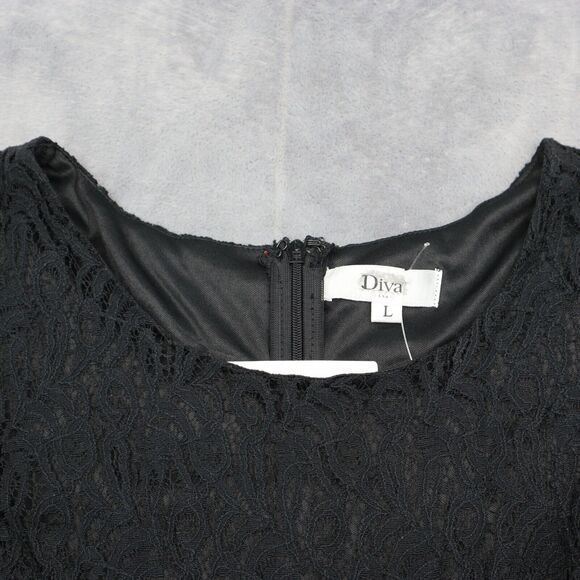Diva USA Dress Womens L Black Laced Round Neck Sleeveless A Line Back Zip - Picture 10 of 16